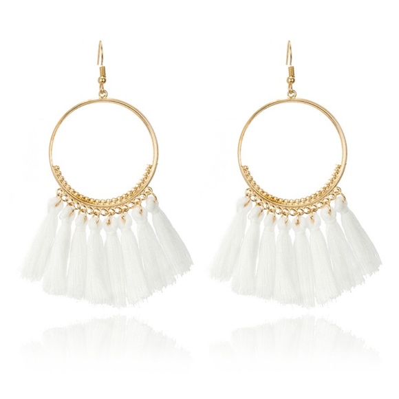 Bella Smyle Jewelry - BE6 | Boho Hoop White Cotton Tassel Earrings
